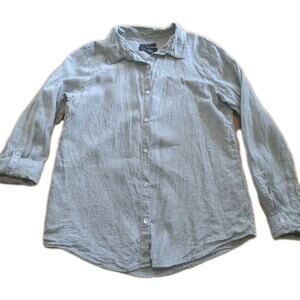 Tahari Women's 100% Linen Oxford Top Sz M Light Grey/Blue Costal Resort Beach